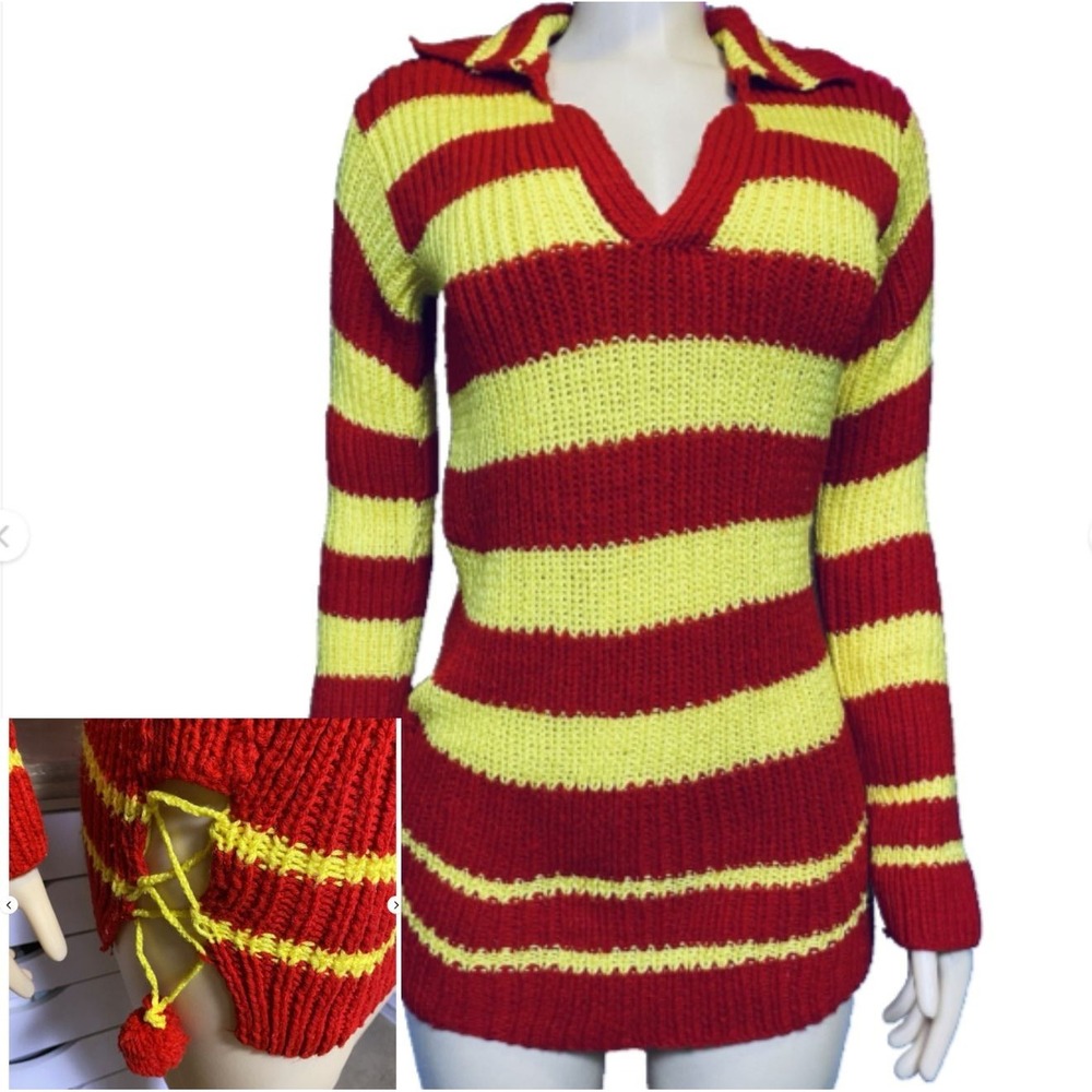 Hand Knit Unique Red & Yellow Striped Handmade Sweater Women's S/M